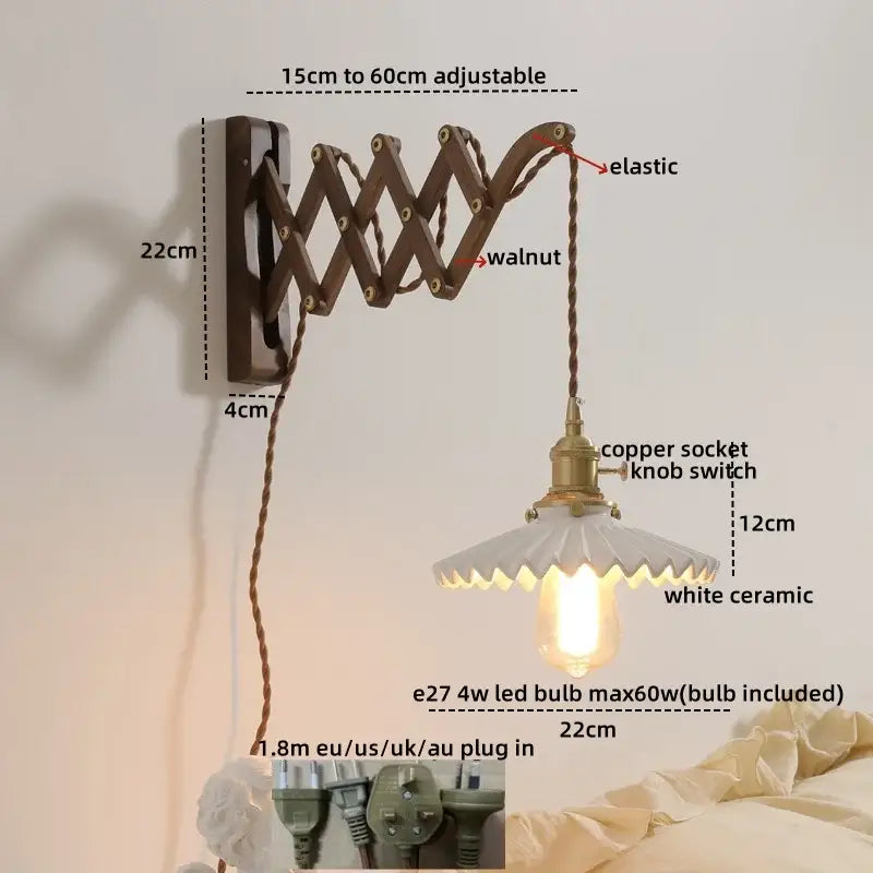 Antique brass ceramic walnut wall sconce with scalloped shade bedroom