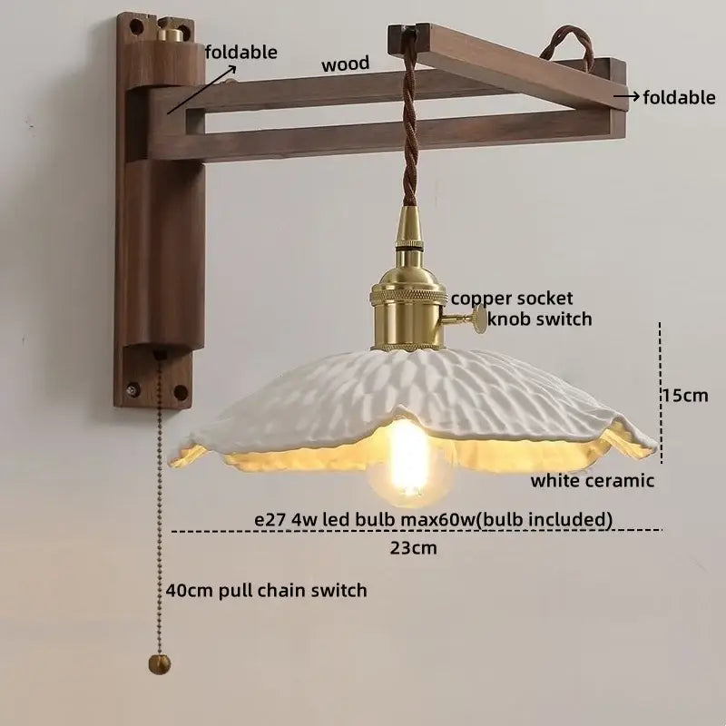 Antique brass ceramic walnut wall sconce with scalloped shade bedroom