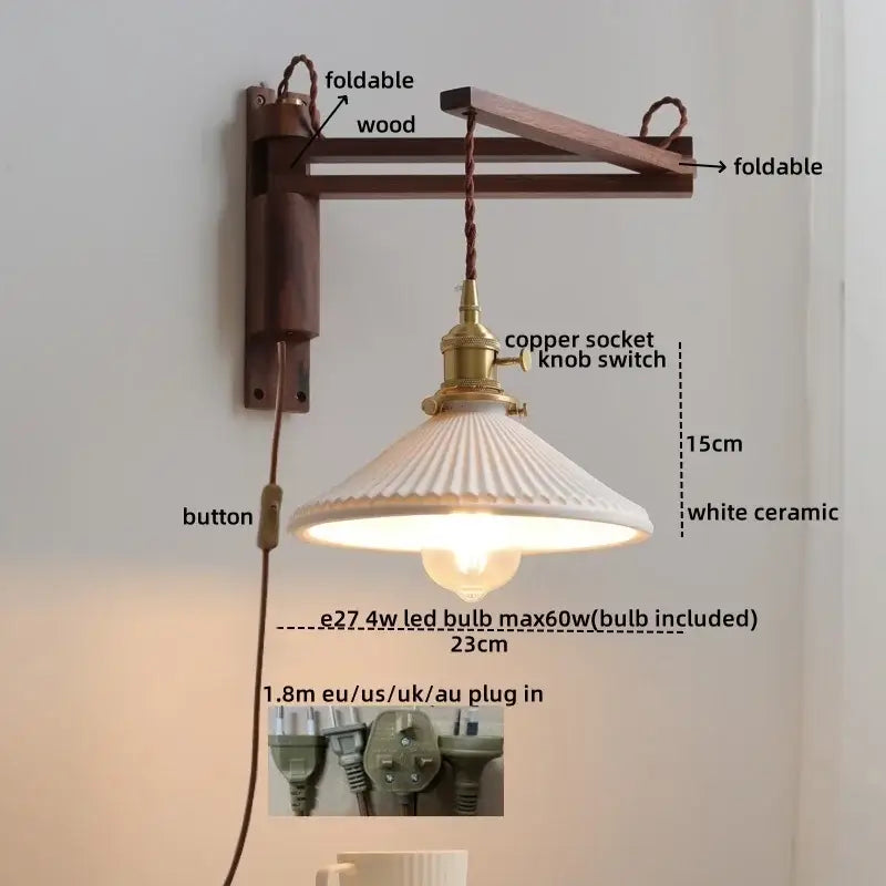 Antique brass ceramic walnut wall sconce with scalloped shade bedroom