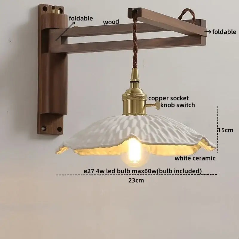 Antique brass ceramic walnut wall sconce with scalloped shade bedroom