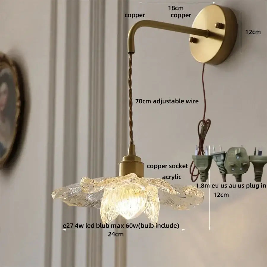 Antique brass clear flower acrylic wall lamp for bedroom stair light