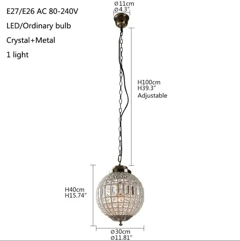 Antique brass crystal empire ball chandelier living room light