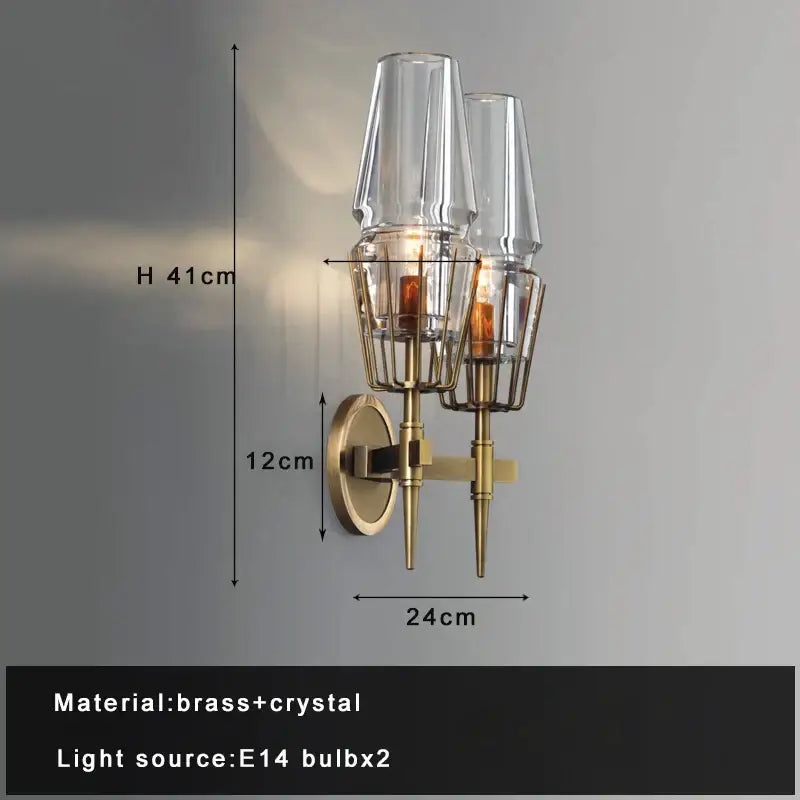 Antique brass crystal glass wall light for bedroom and bath