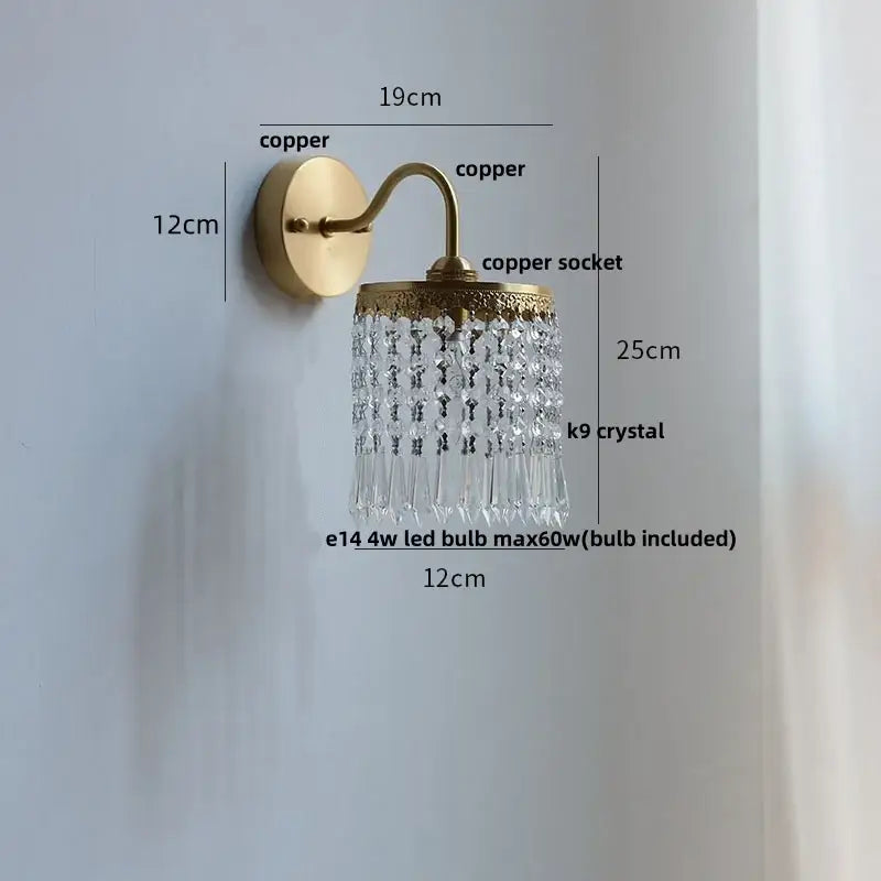 Antique brass crystal led wall sconce bedroom pull chain light