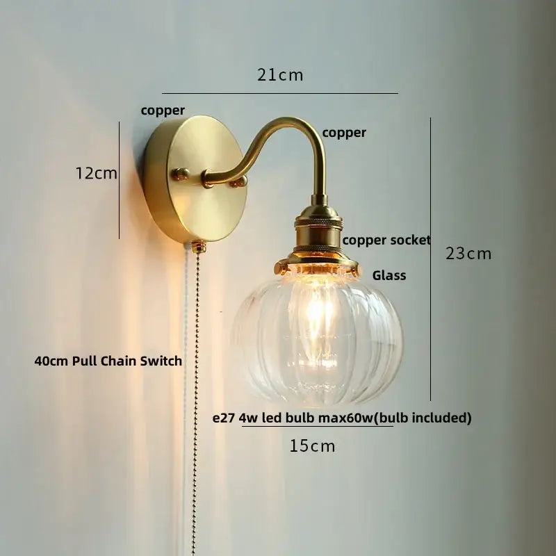 Antique brass crystal led wall sconce bedroom pull chain light