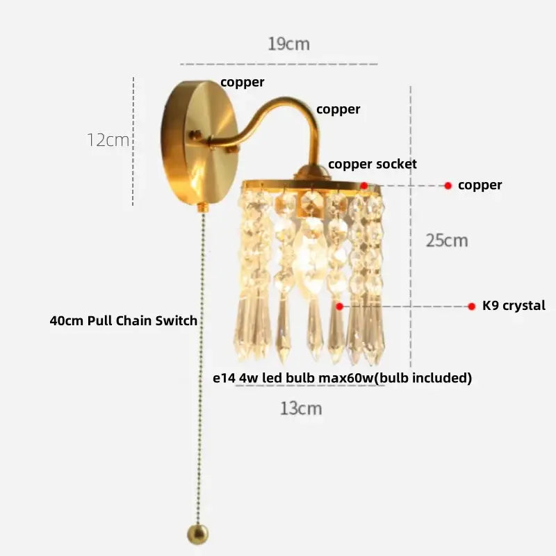 Antique brass crystal led wall sconce bedroom pull chain light
