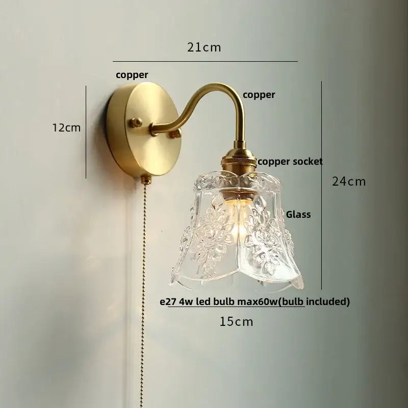 Antique brass crystal led wall sconce bedroom pull chain light