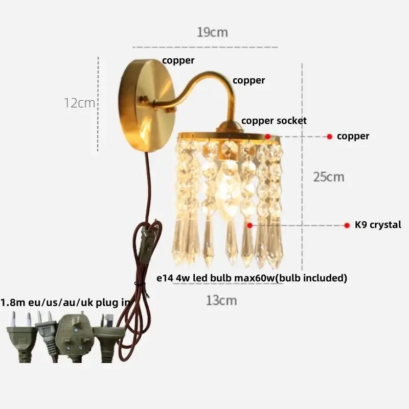 Antique brass crystal led wall sconce bedroom pull chain light