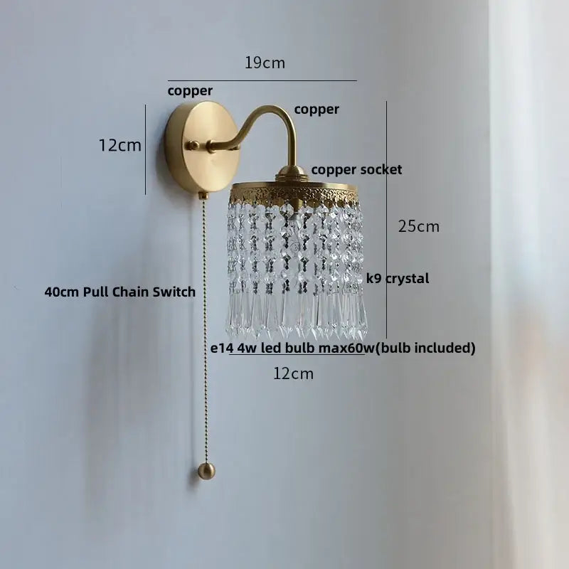 Antique brass crystal led wall sconce bedroom pull chain light