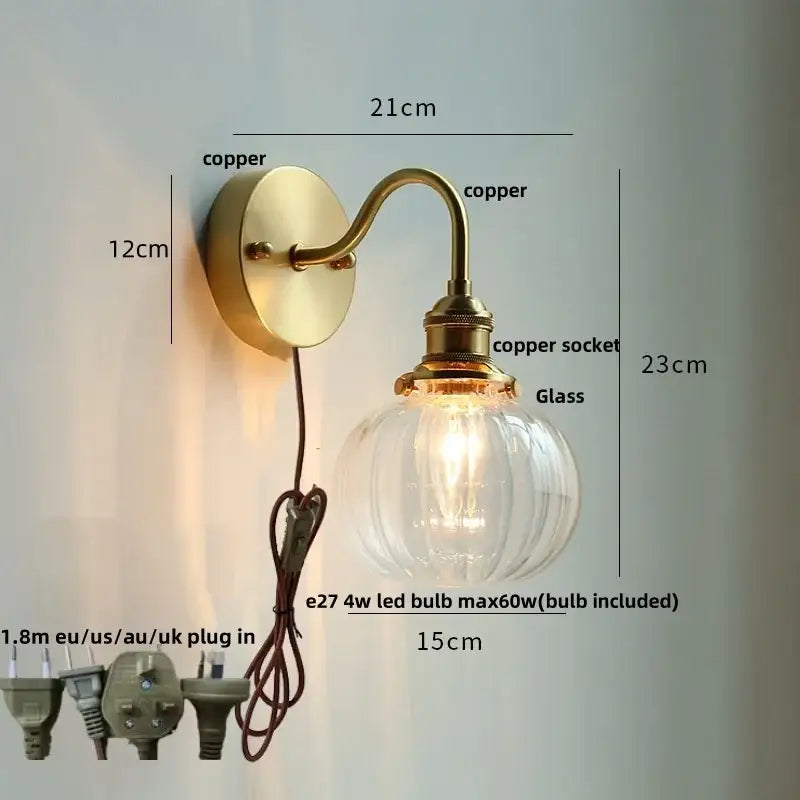 Antique brass crystal led wall sconce bedroom pull chain light