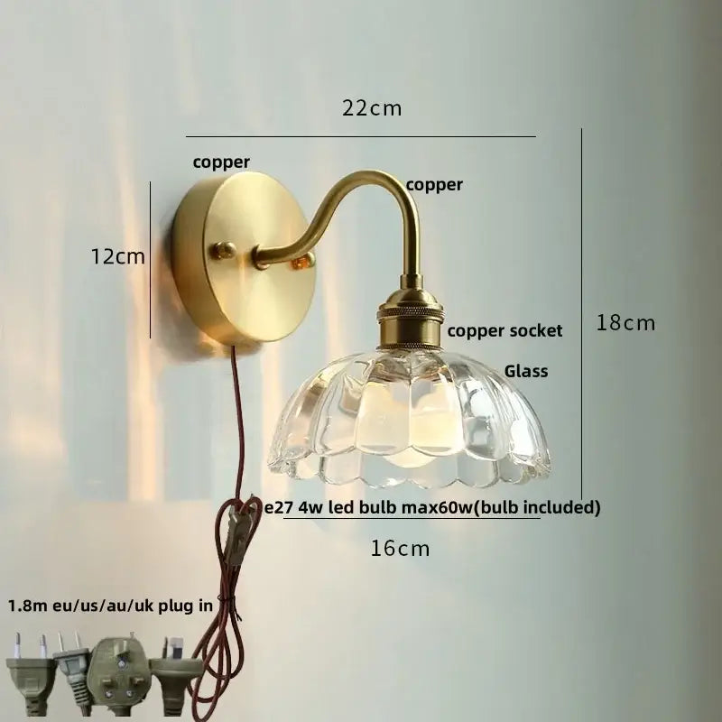 Antique brass crystal led wall sconce bedroom pull chain light