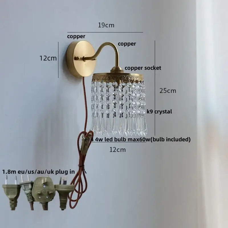 Antique brass crystal led wall sconce bedroom pull chain light