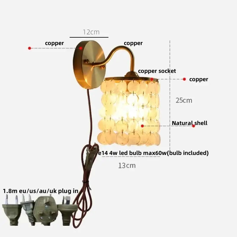 Antique brass crystal led wall sconce bedroom pull chain light