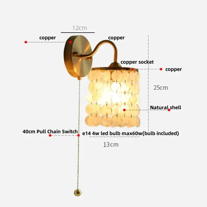 Antique brass crystal led wall sconce bedroom pull chain light