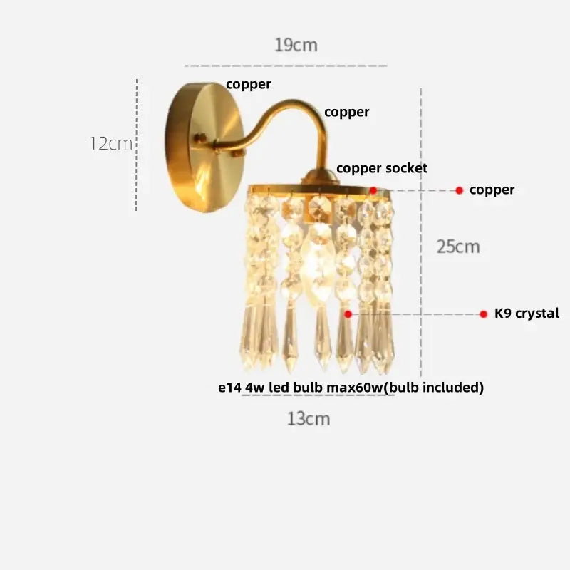 Antique brass crystal led wall sconce bedroom pull chain light