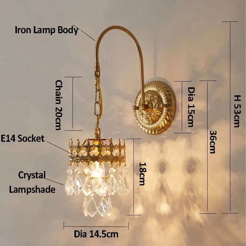 Antique brass crystal wall lamp bedroom luxury sconce