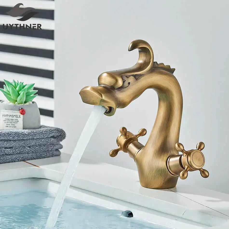 Antique brass decorbites dragon style bathroom basin faucet mixer tap