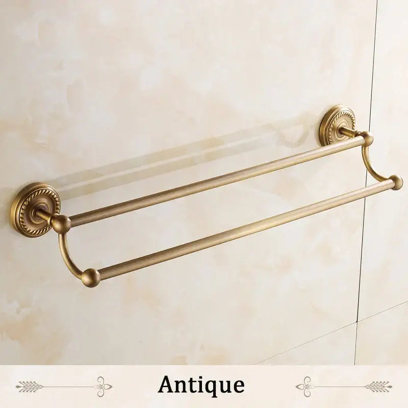 Antique brass double towel bar bathroom rack with ornate base