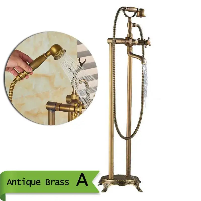 Antique brass dual handle floor mount bath set with handshower bathroom