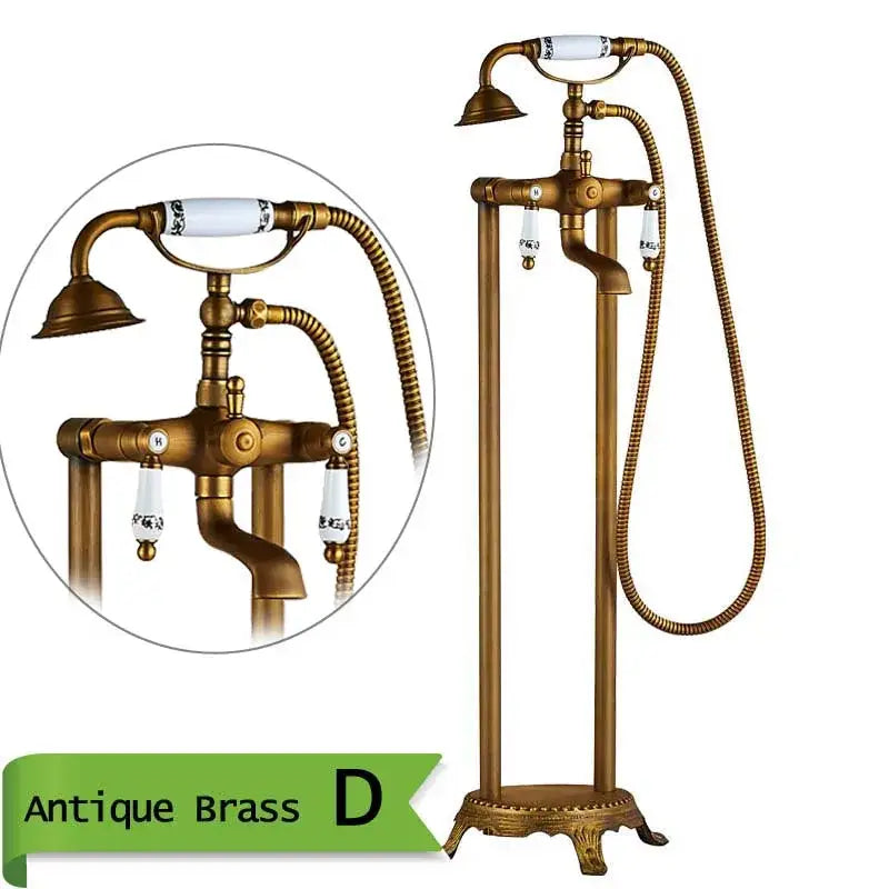 Antique brass dual handle floor mount bath set with handshower bathroom