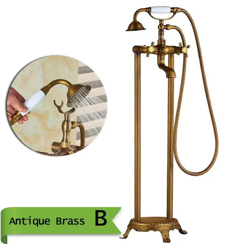 Antique brass dual handle floor mount bath set with handshower bathroom