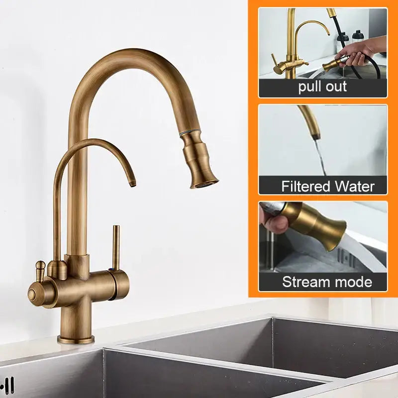Antique brass dual handle kitchen faucet with pull out spray head