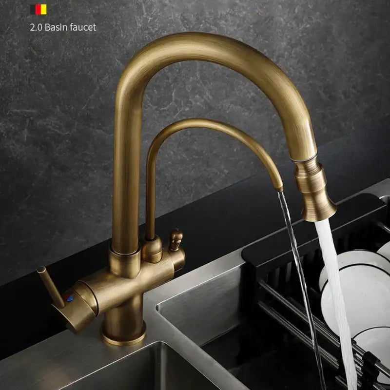 Antique brass dual handle kitchen faucet with pull out spray head