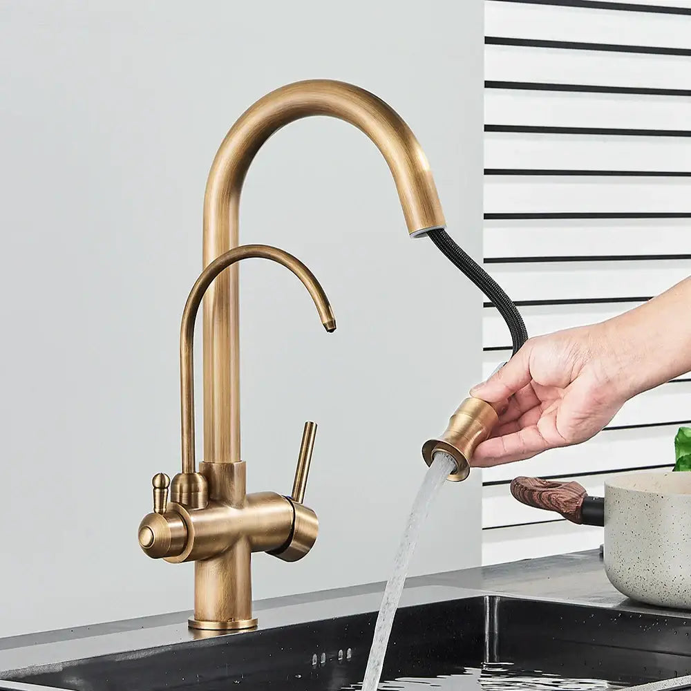 Antique brass dual handle kitchen faucet with pull out spray head