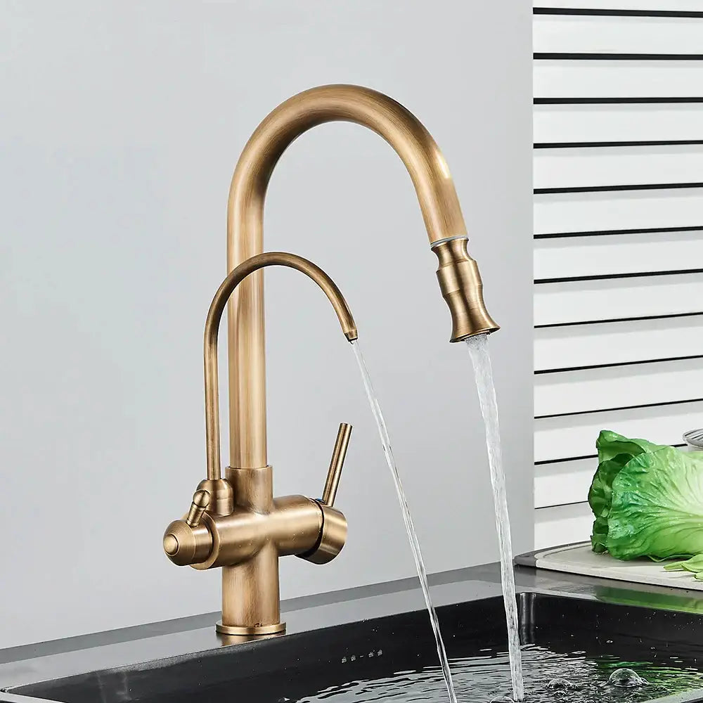 Antique brass dual handle kitchen faucet with pull out spray head