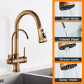 Antique brass dual handle kitchen faucet with pull out spray head