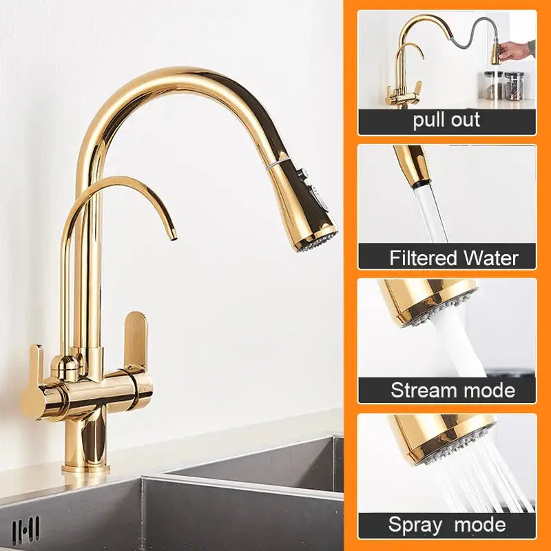 Antique brass dual handle kitchen faucet with pull out spray head