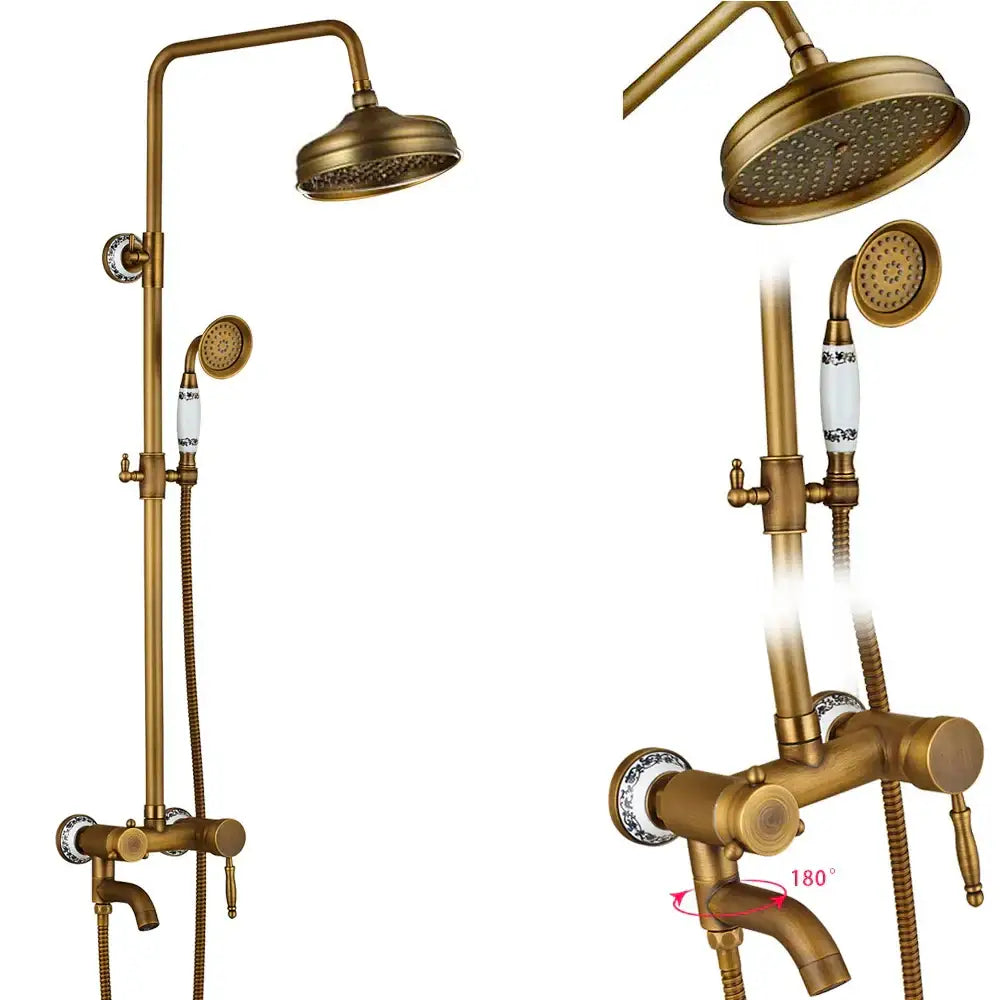 Antique brass dual handle shower faucet set with shelf bathroom