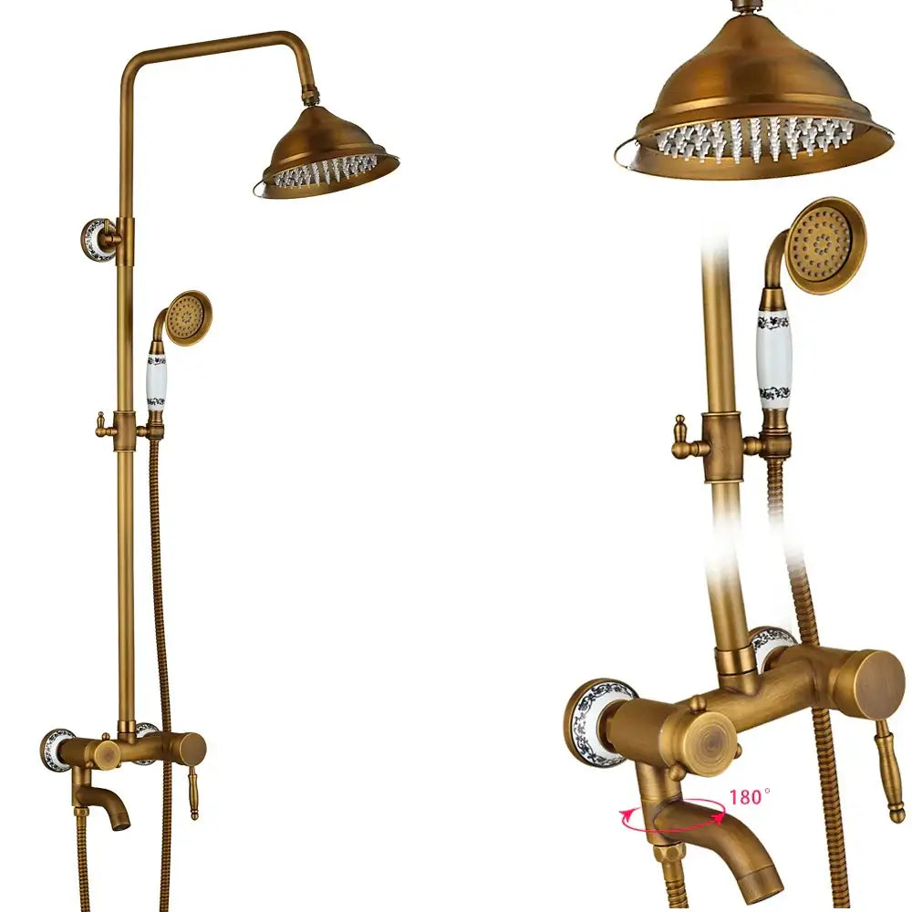 Antique brass dual handle shower faucet set with shelf bathroom