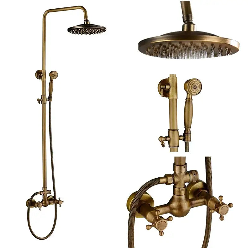 Antique brass dual handle shower faucet set with shelf bathroom