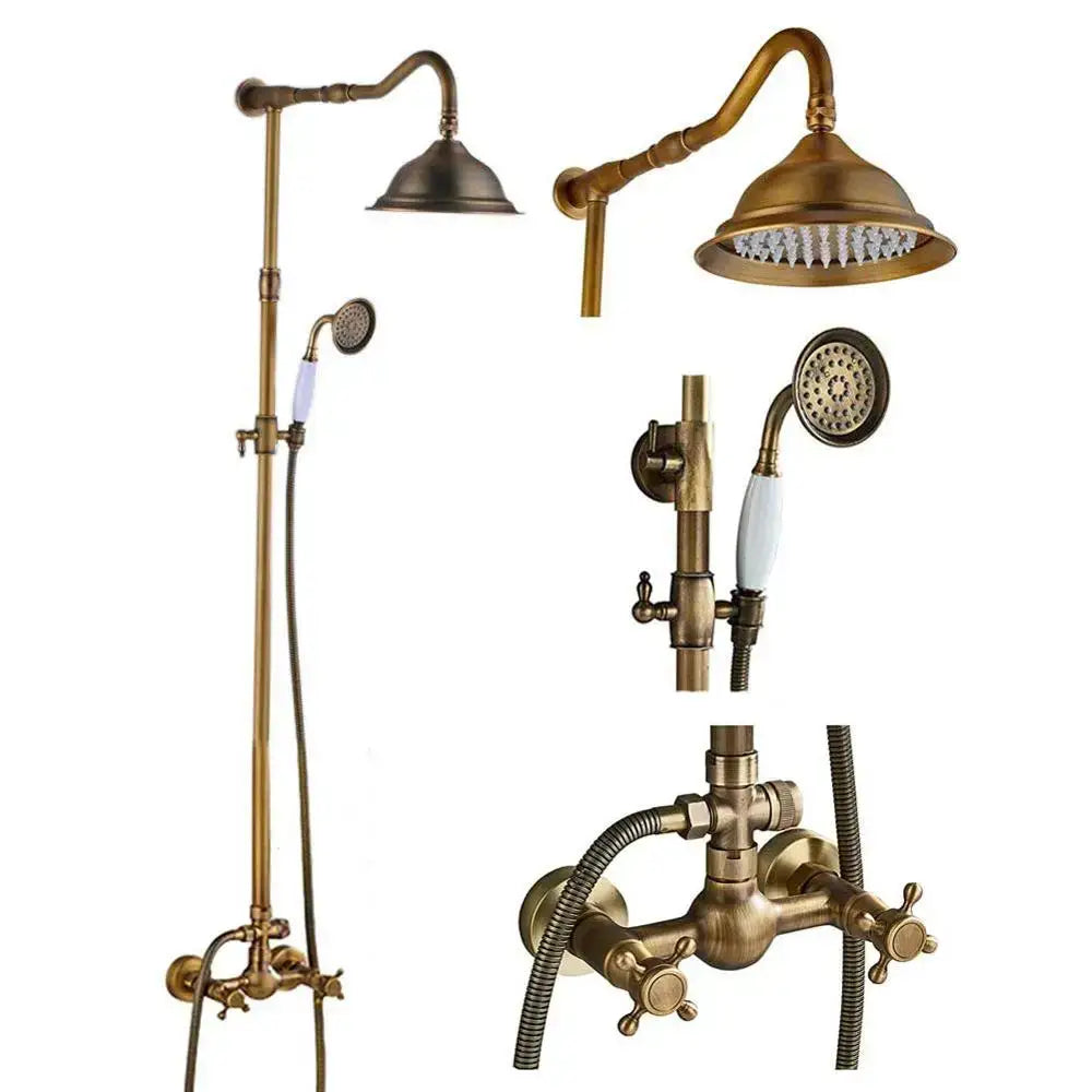 Antique brass dual handle shower faucet set with shelf bathroom