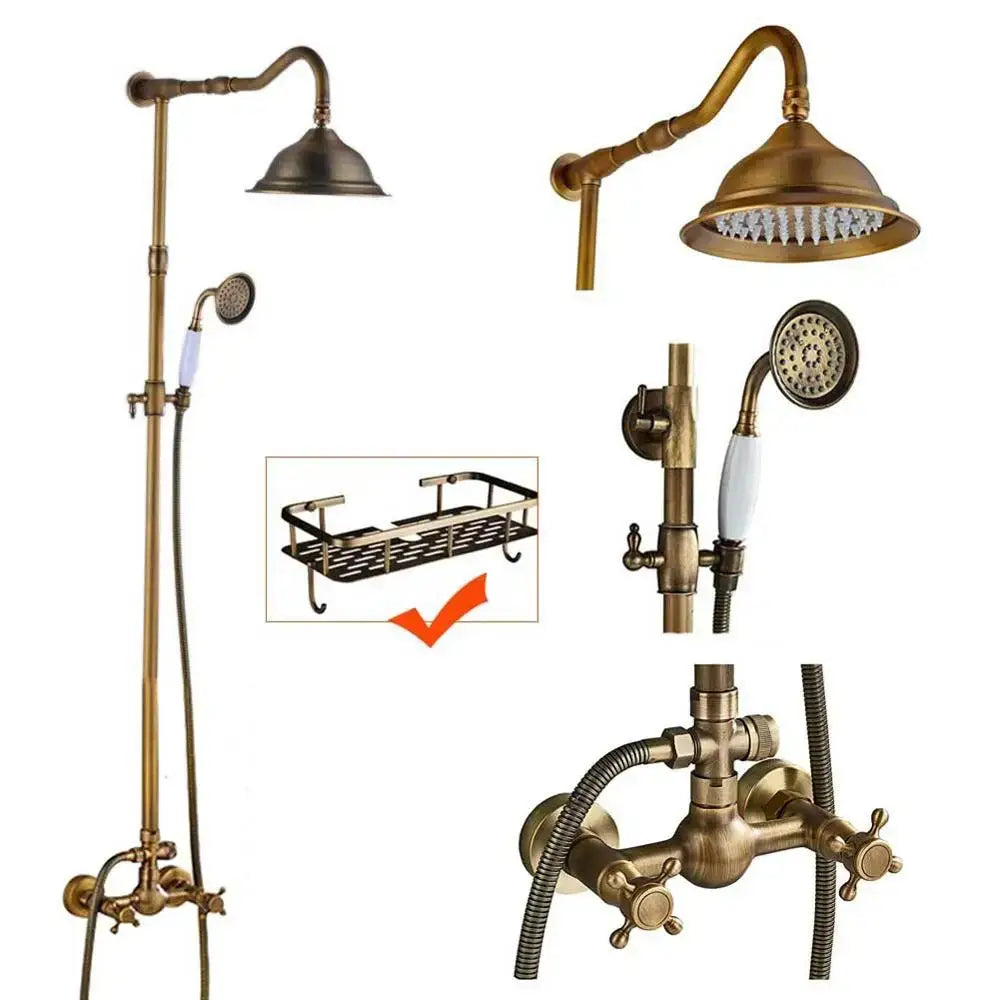 Antique brass dual handle shower faucet set with shelf bathroom