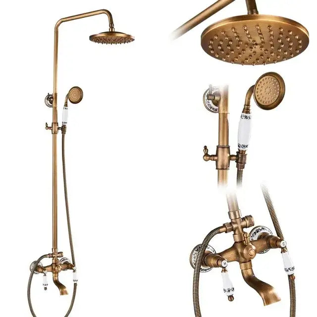 Antique brass dual handle shower faucet set with shelf bathroom