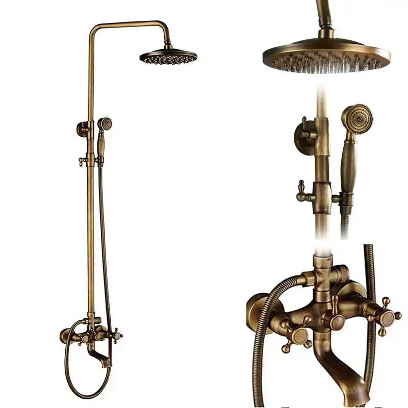 Antique brass dual handle shower faucet set with shelf bathroom