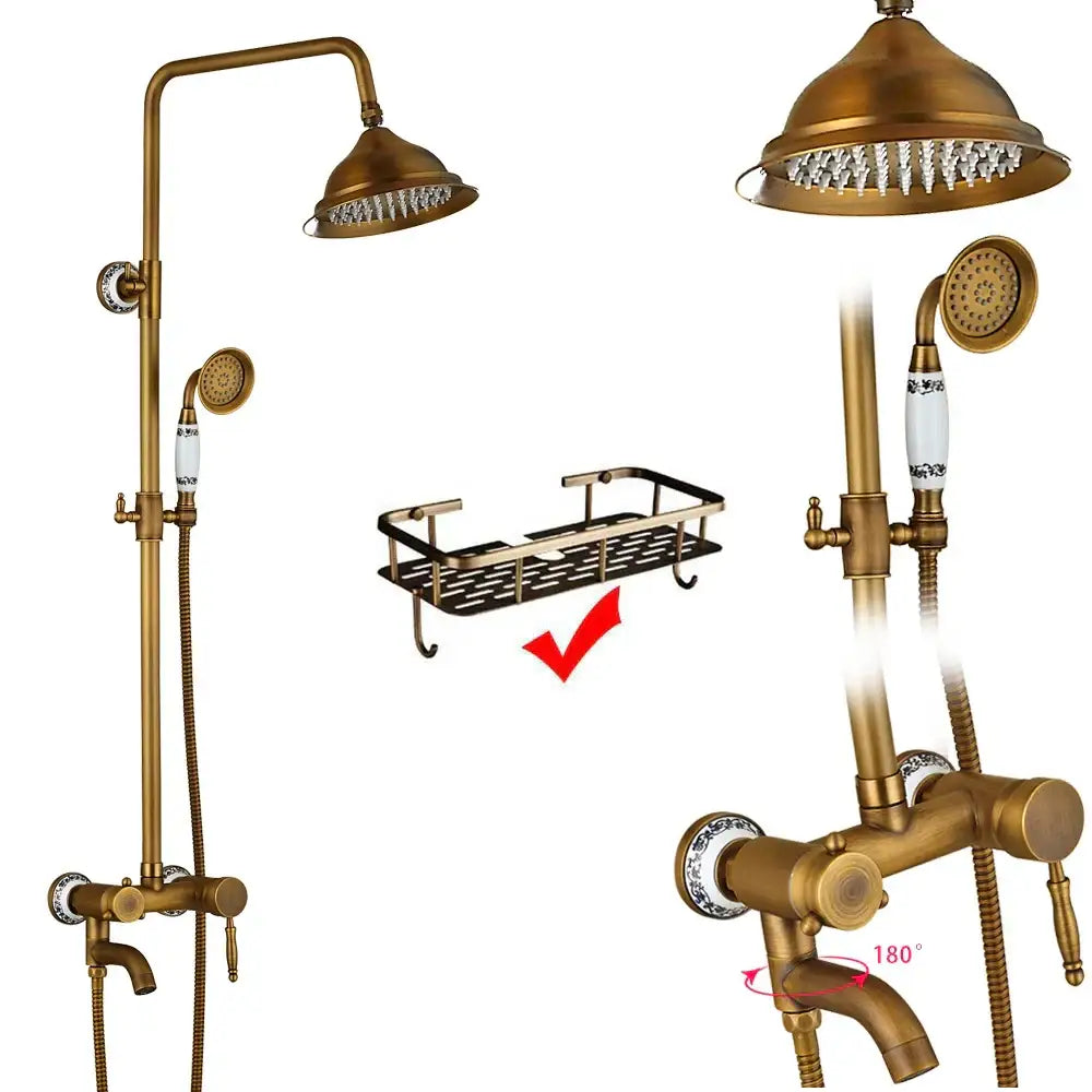 Antique brass dual handle shower faucet set with shelf bathroom