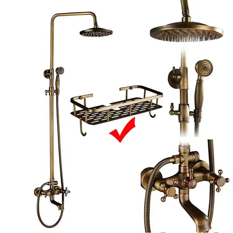 Antique brass dual handle shower faucet set with shelf bathroom