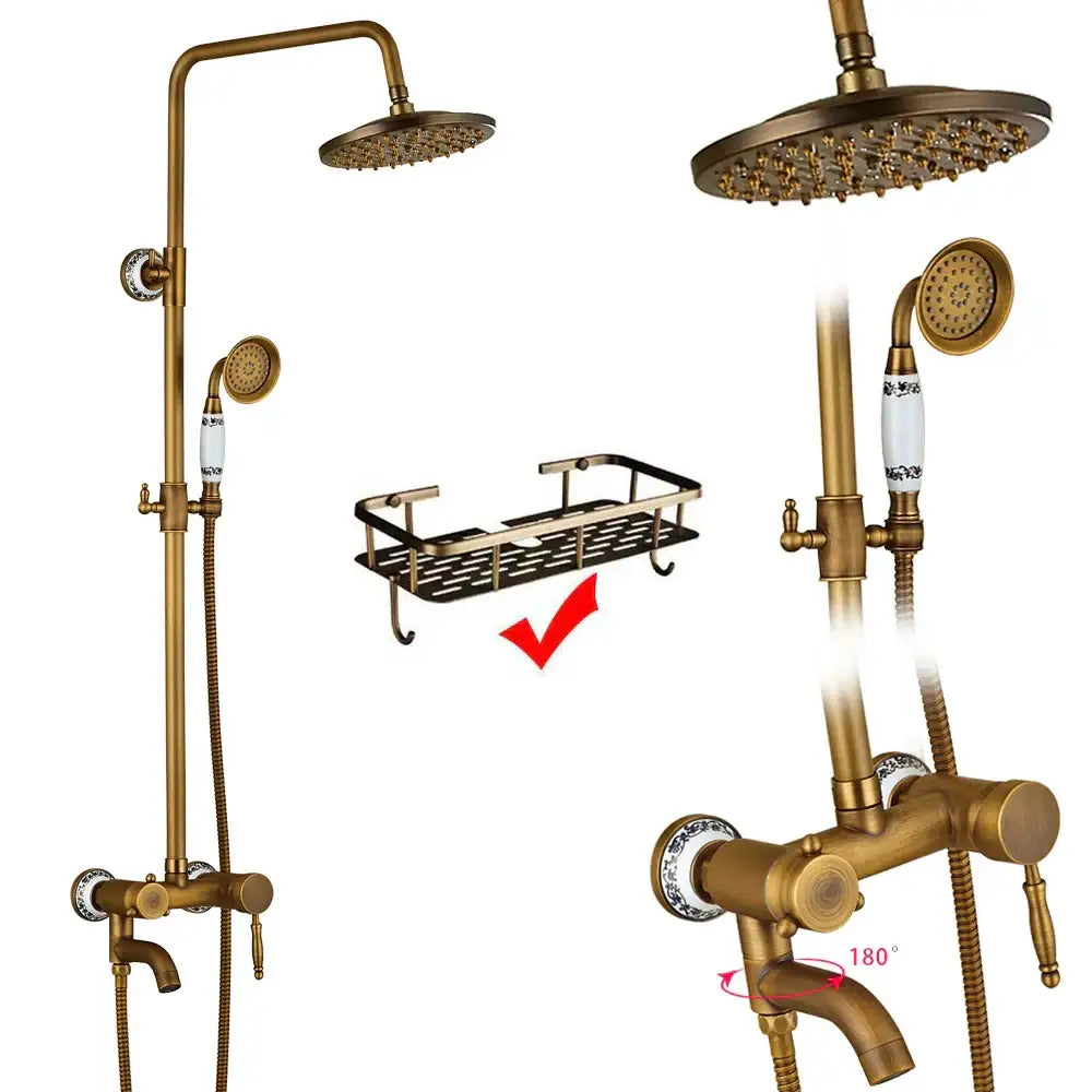 Antique brass dual handle shower faucet set with shelf bathroom