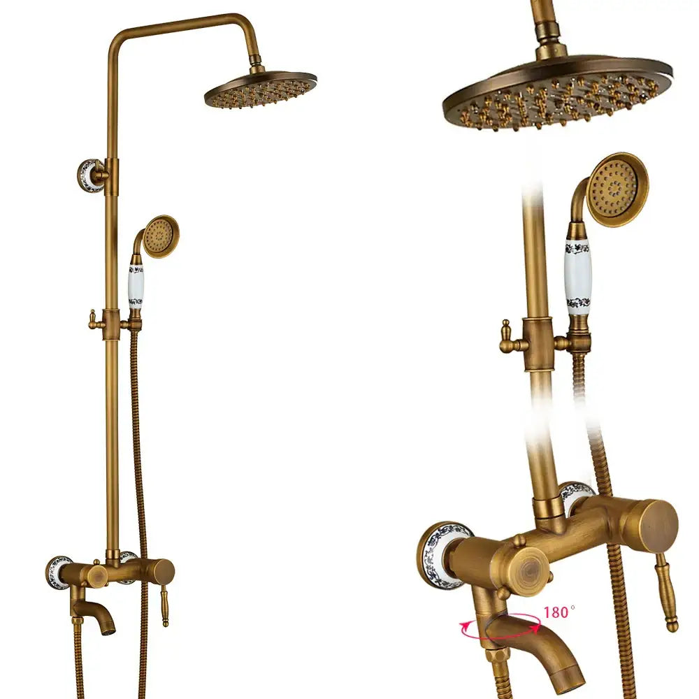 Antique brass dual handle shower faucet set with shelf bathroom