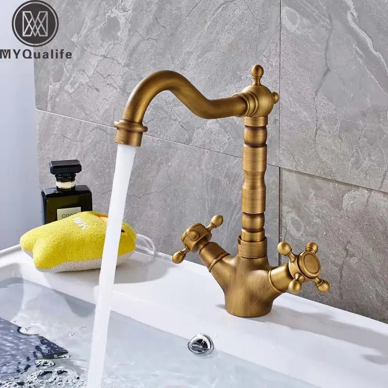 Antique brass dual handle swivel sink faucet for kitchen