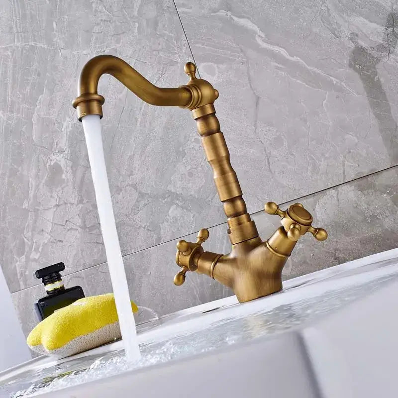 Antique brass dual handle swivel sink faucet for kitchen