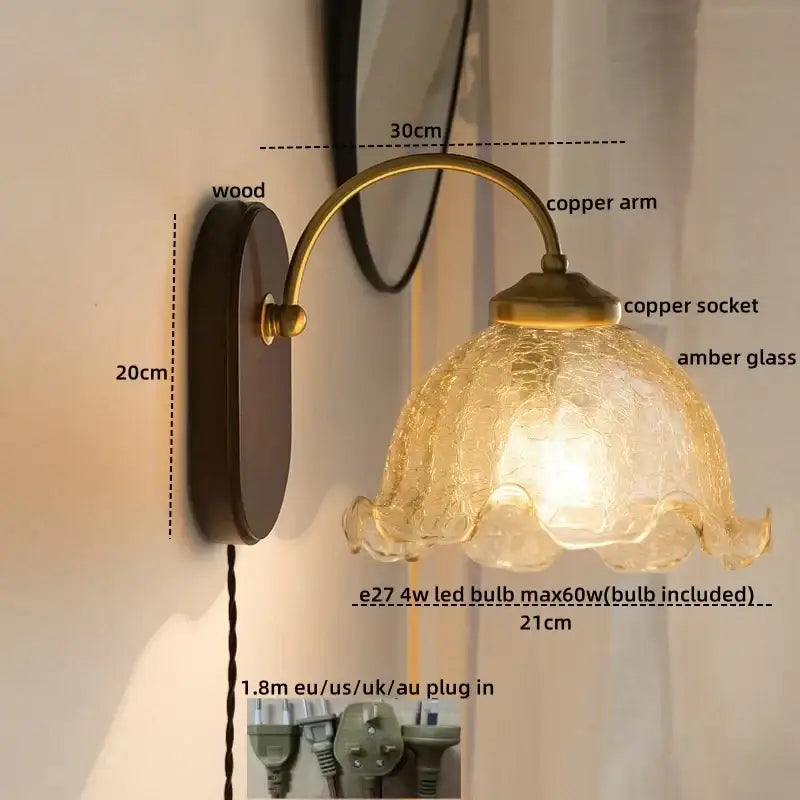 Antique brass floral frosted glass led wall lights bedroom sconce
