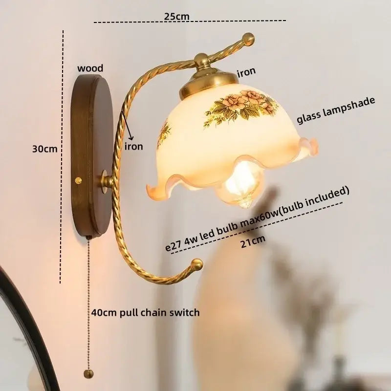 Antique brass floral frosted glass led wall lights bedroom sconce