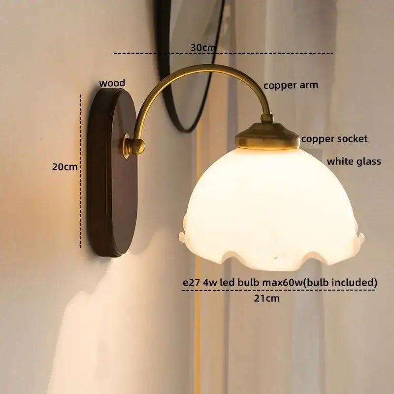 Antique brass floral frosted glass led wall lights bedroom sconce