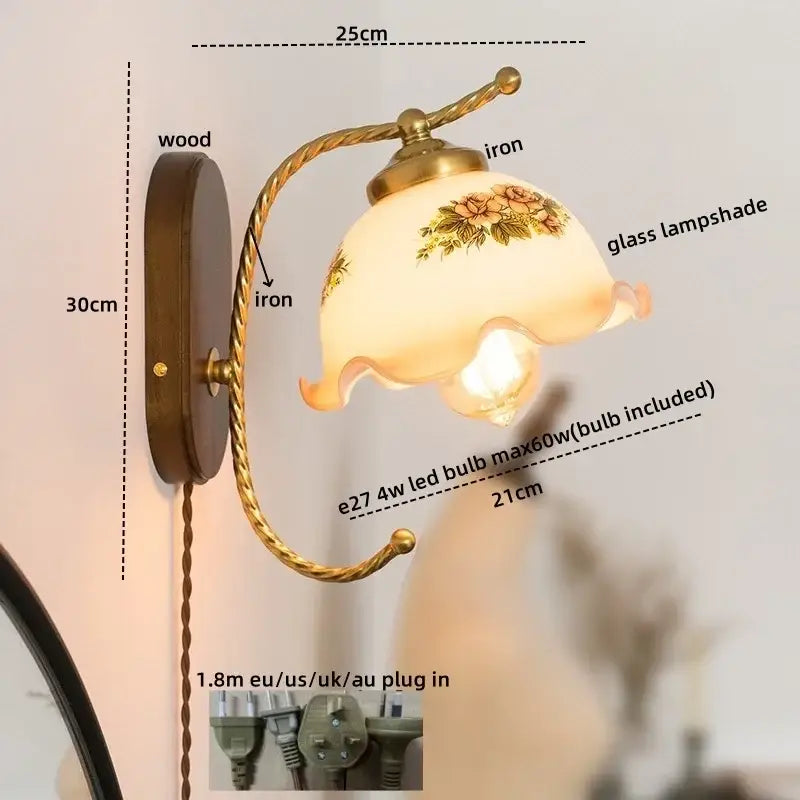 Antique brass floral frosted glass led wall lights bedroom sconce