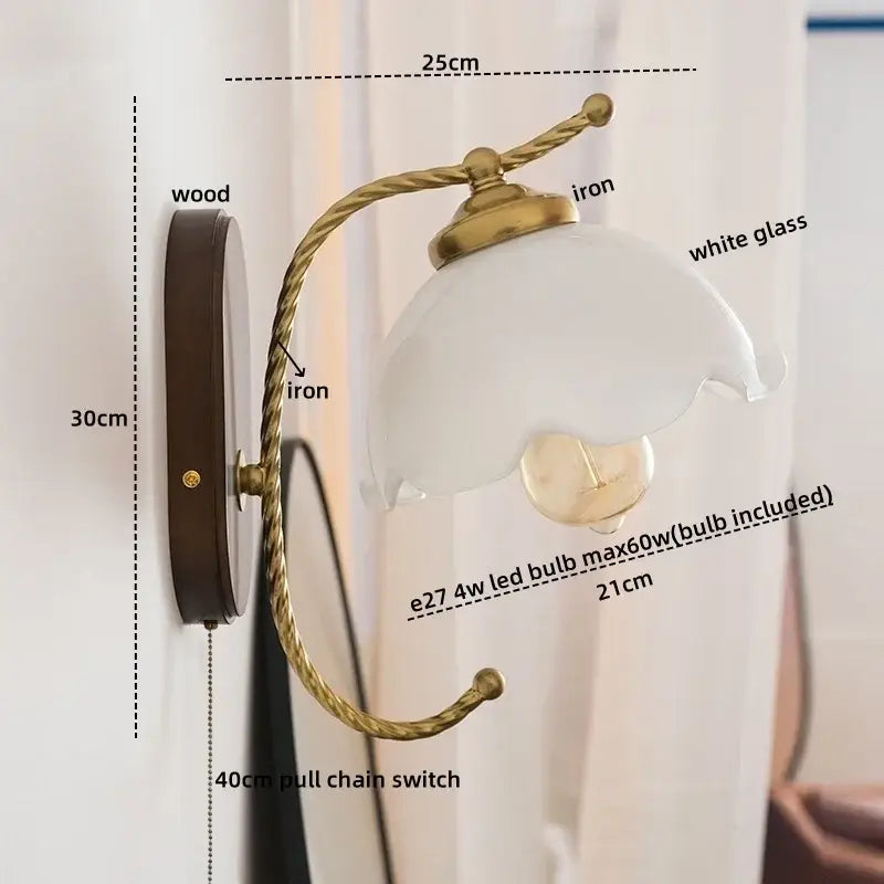 Antique brass floral frosted glass led wall lights bedroom sconce