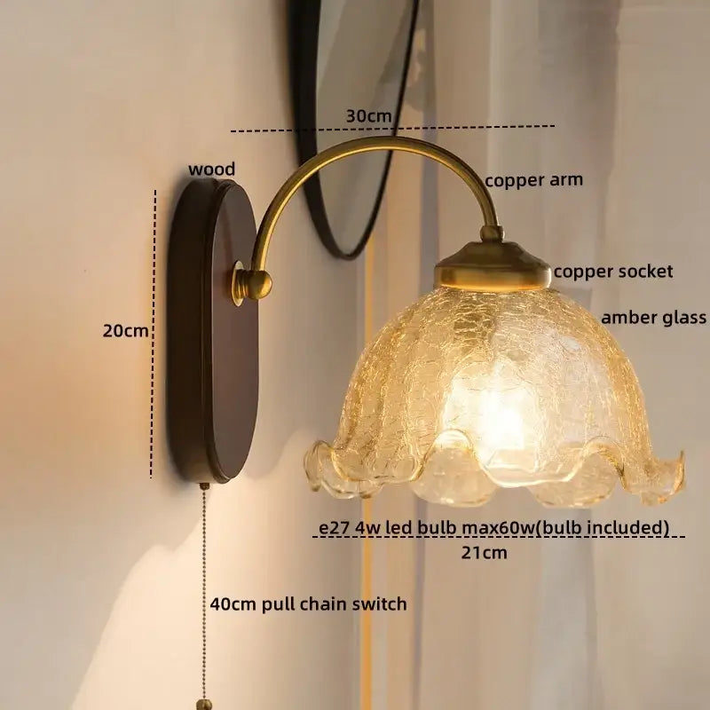 Antique brass floral frosted glass led wall lights bedroom sconce